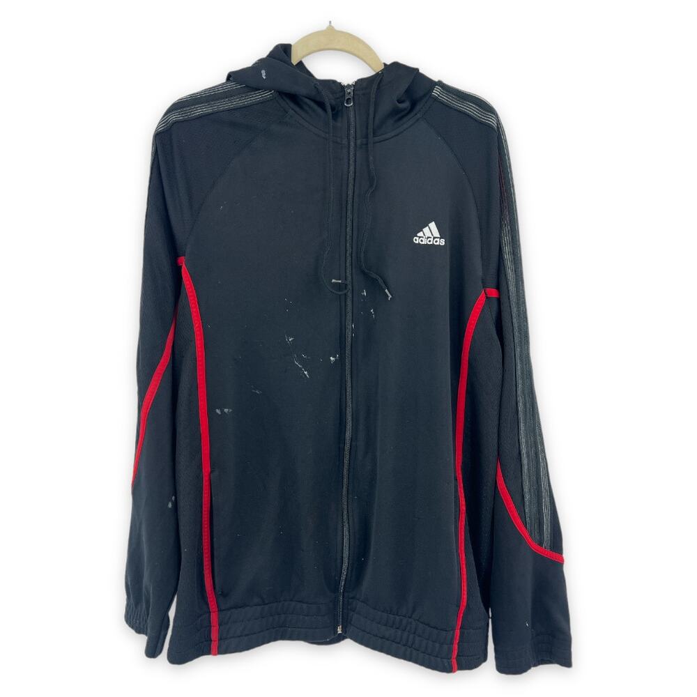 Adidas Mens LARGE Black Stripe Zip Up Hoodie Jacket Long Sleeve Paint Splatter